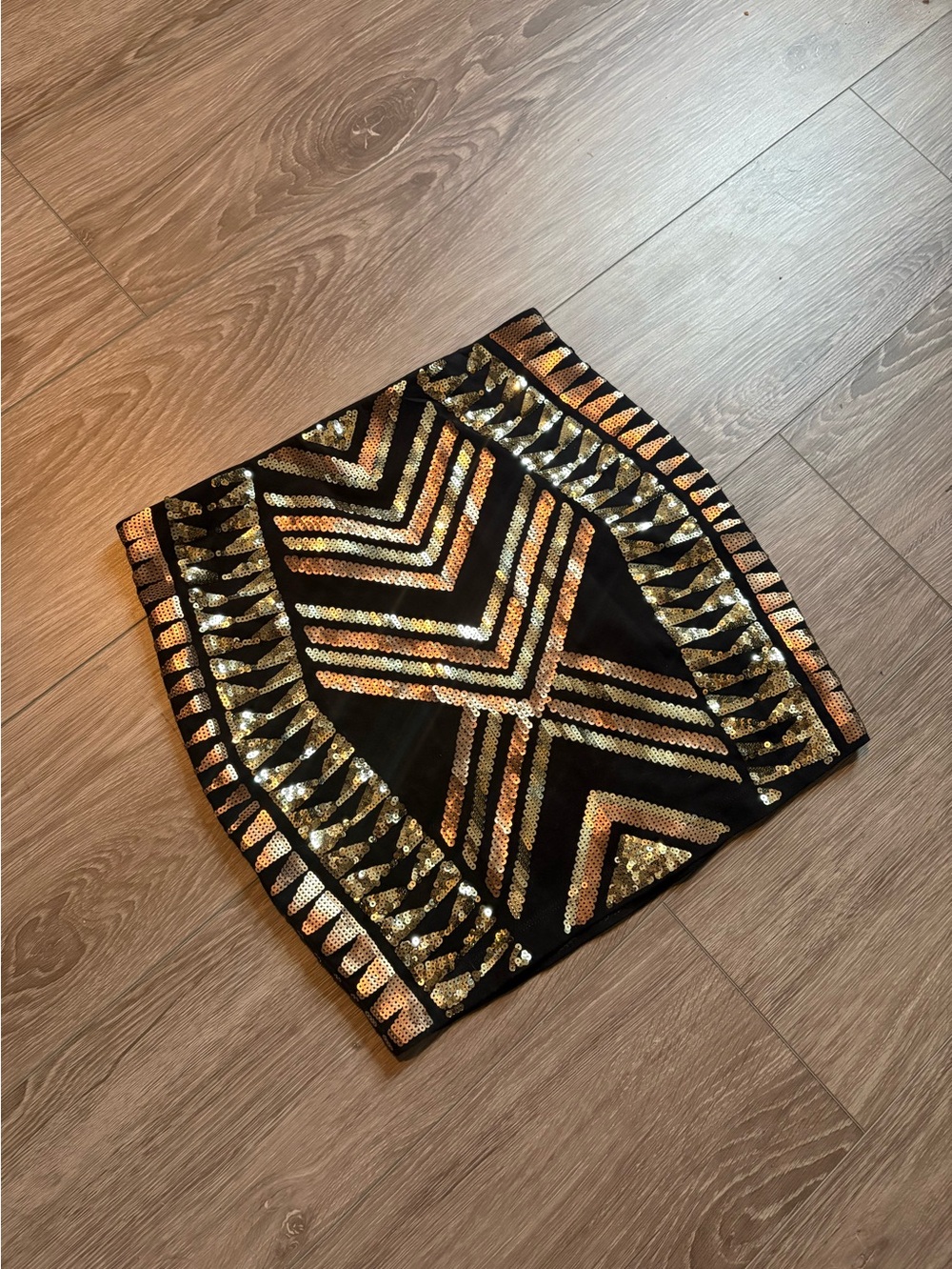 Express Black Mini Skirt with Gold Sequin Geometric Design